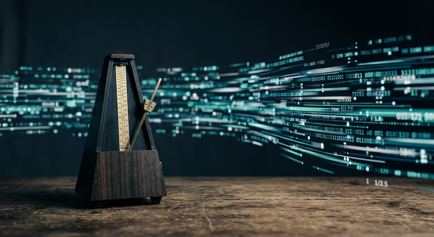 A minimalist editorial illustration of a steady metronome standing against a rushing ribbon of data streams, rendered in navy and teal with soft grain and clean negative space.